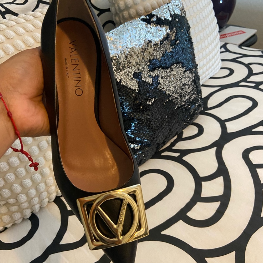 Valentino Black and Gold Heels with Signature V Logo